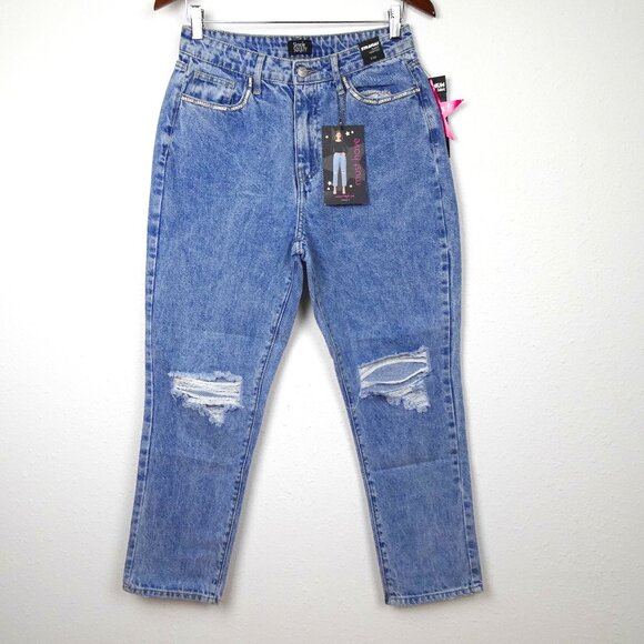 Rhinestone Trim Jeans Simple Society Size 7 Blue Distressed Denim Cropped - Picture 1 of 10